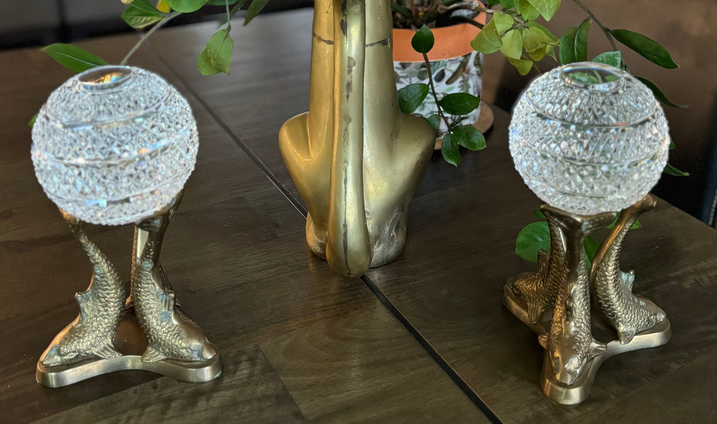 Pair of Vintage Great City Traders Crystal Balls w/ Brass Dolphin Stands