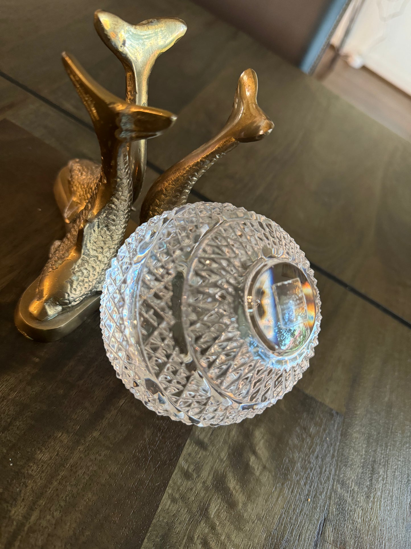 Pair of Vintage Great City Traders Crystal Balls w/ Brass Dolphin Stands