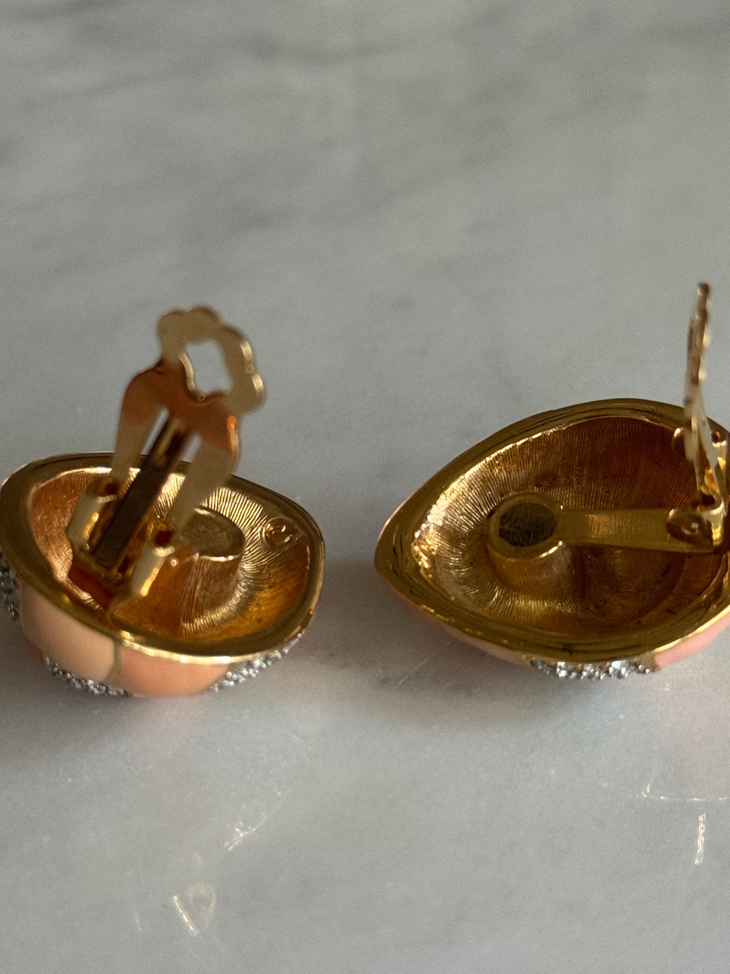 Vintage Limited Edition Swarovski Crystal Pink & Gold Enamel Shell Clip On Earrings