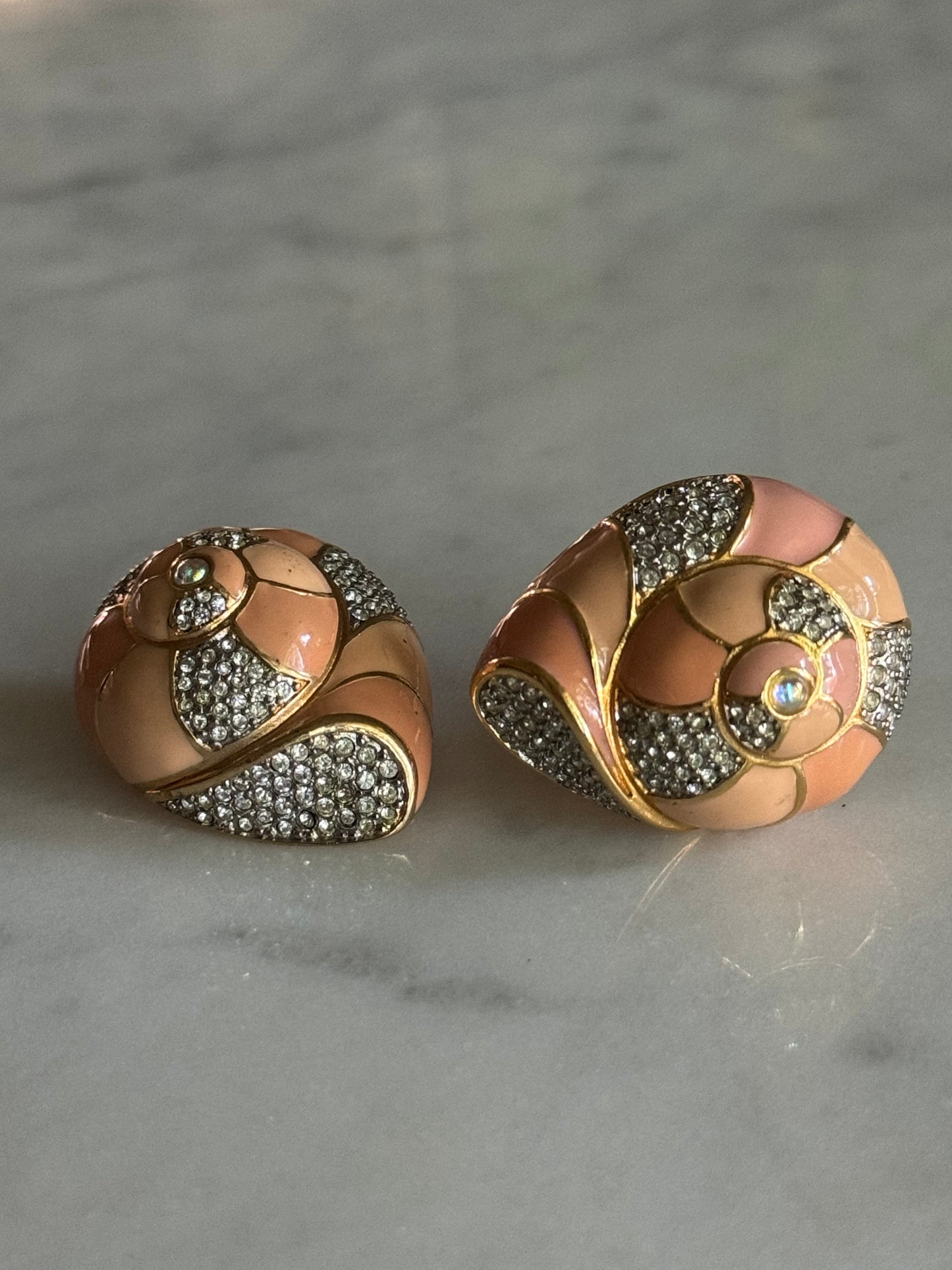 Vintage Limited Edition Swarovski Crystal Pink & Gold Enamel Shell Clip On Earrings