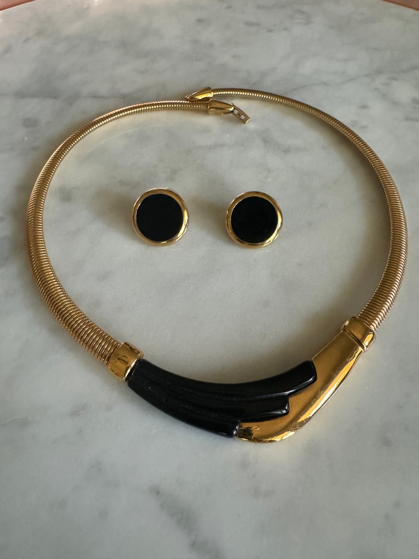Vintage Napier Omega Black and Gold Tone Geometric Necklace, circa 1980s with Napier Black Circle Stud Earrings with Gold Tone Metal Accent Rim