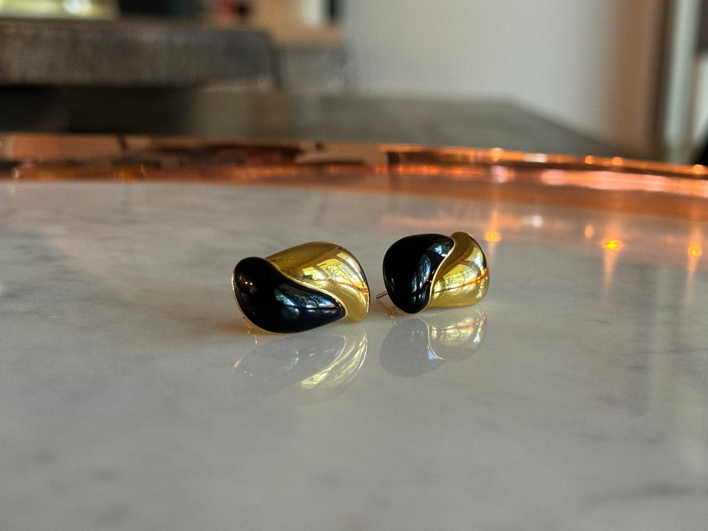 Designer Monet Classic 1980's Gold Tone & Black Pushback Earrings