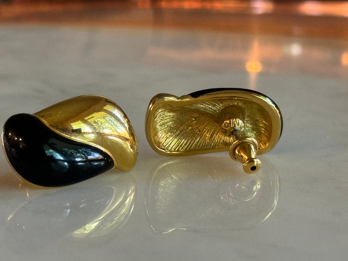 Designer Monet Classic 1980's Gold Tone & Black Pushback Earrings