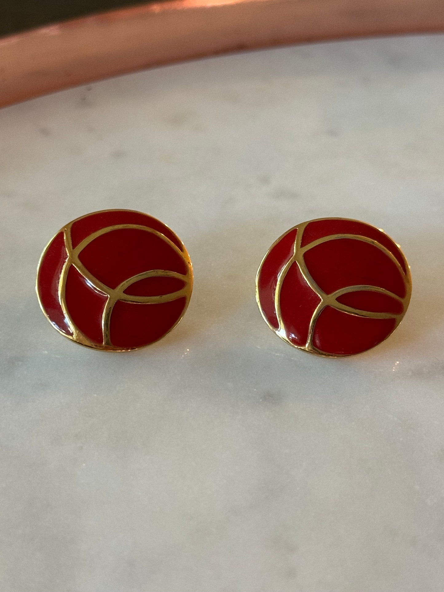 Vintage Monet Gold Tone Swirl Red Enamel Earrings