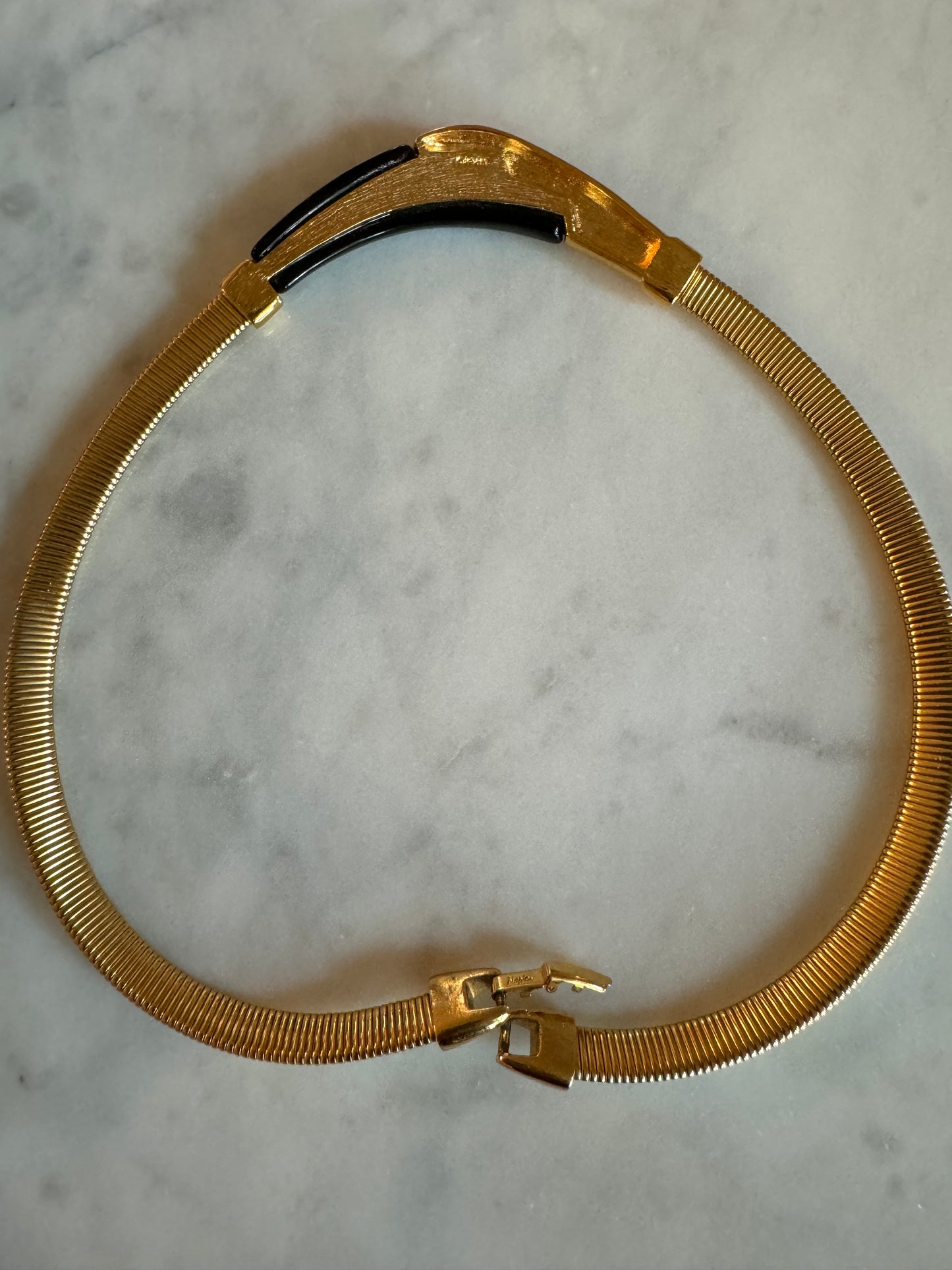Vintage Napier Omega Black and Gold Tone Geometric Necklace, circa 1980s with Napier Black Circle Stud Earrings with Gold Tone Metal Accent Rim