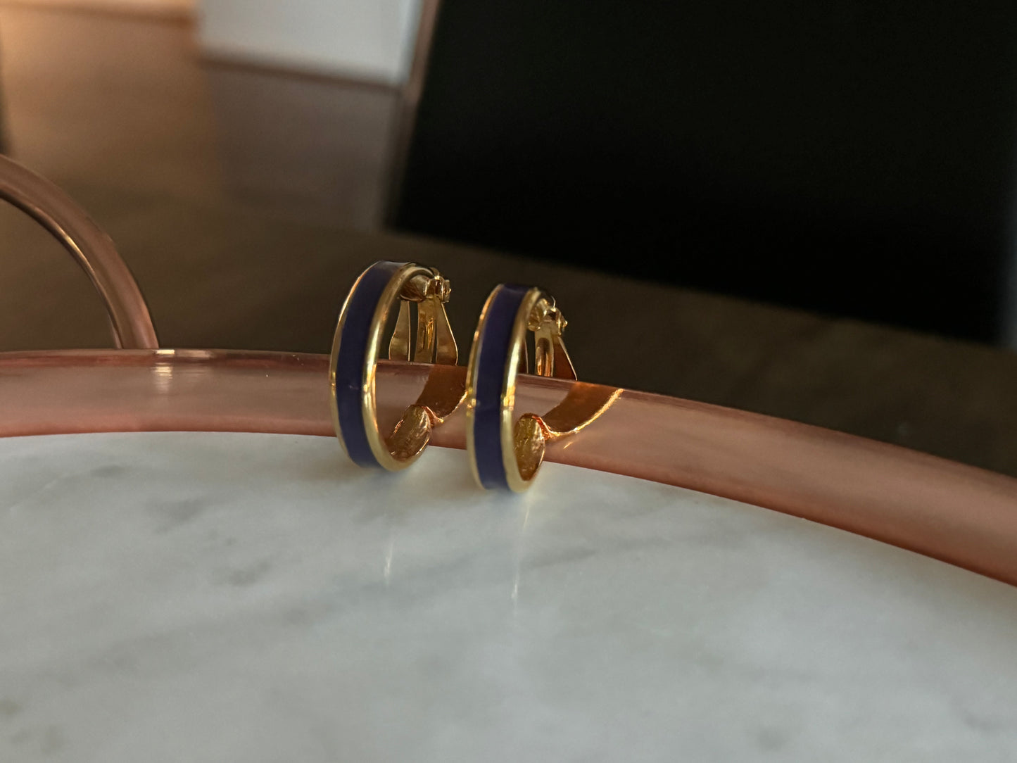 Vintage Navy and Gold Hoop Clip-On Earrings