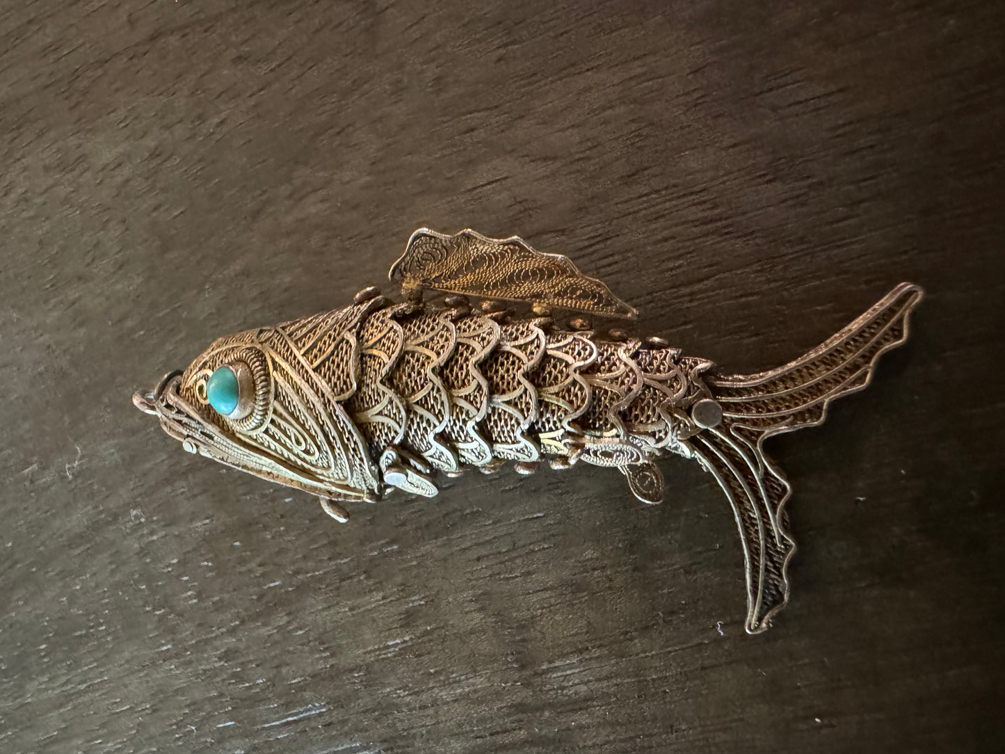 Antique Chinese Sterling Silver Turquoise Mesh Articulated Koi Fish Snuff Pendant