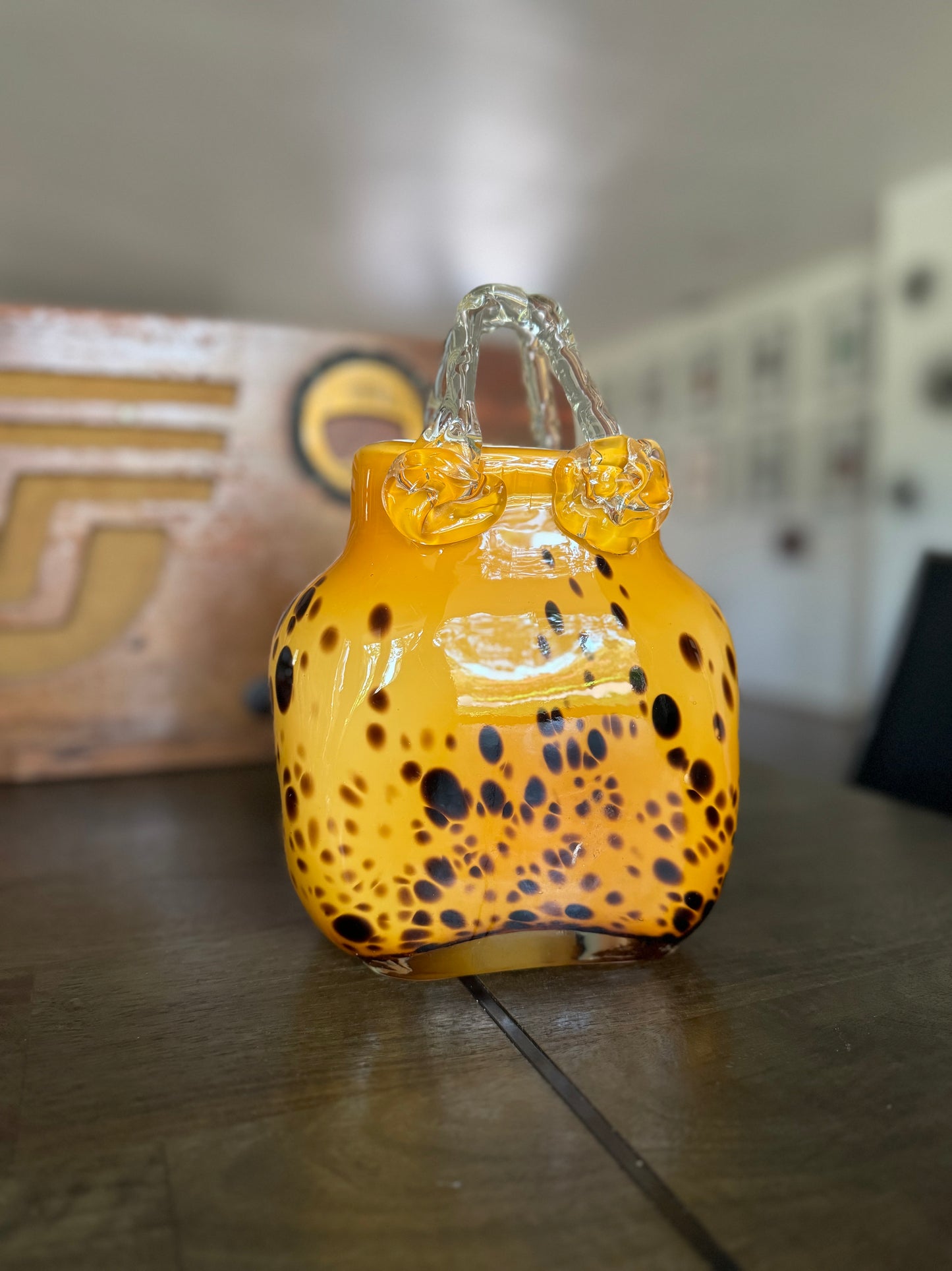 Vintage Hand-Blown Tortoiseshell Design Art Glass Purse Vase