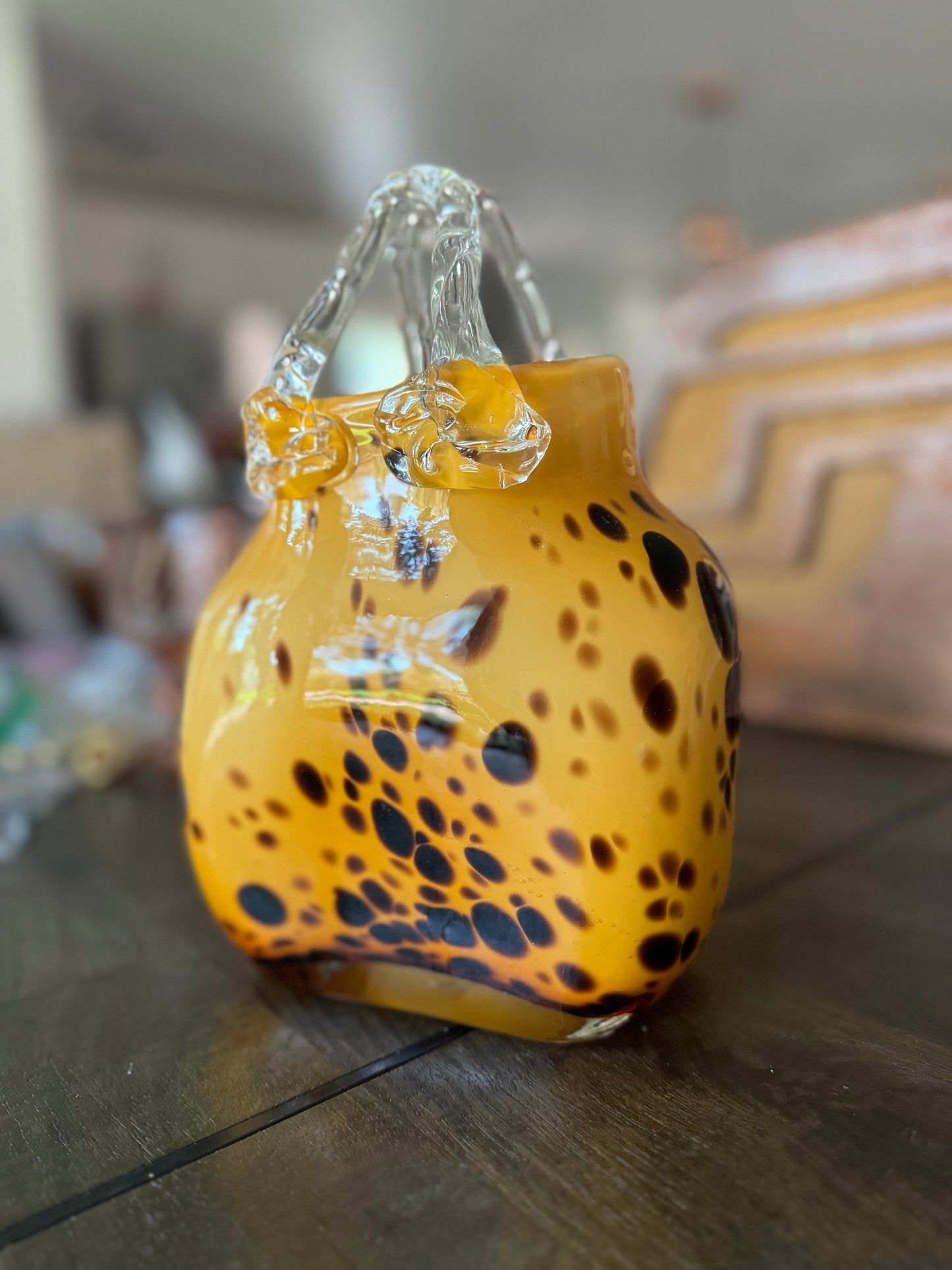 Vintage Hand-Blown Tortoiseshell Design Art Glass Purse Vase
