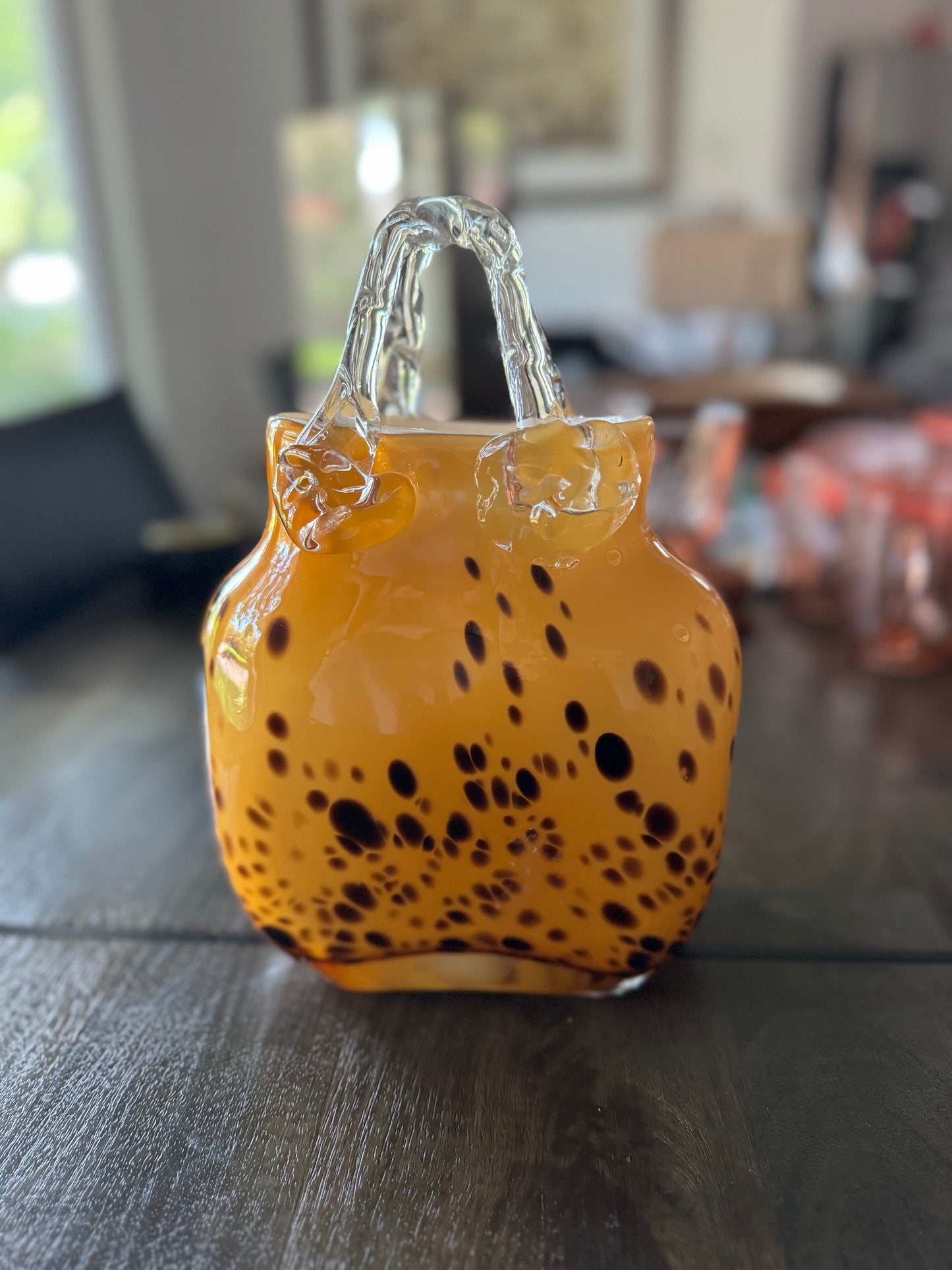 Vintage Hand-Blown Tortoiseshell Design Art Glass Purse Vase