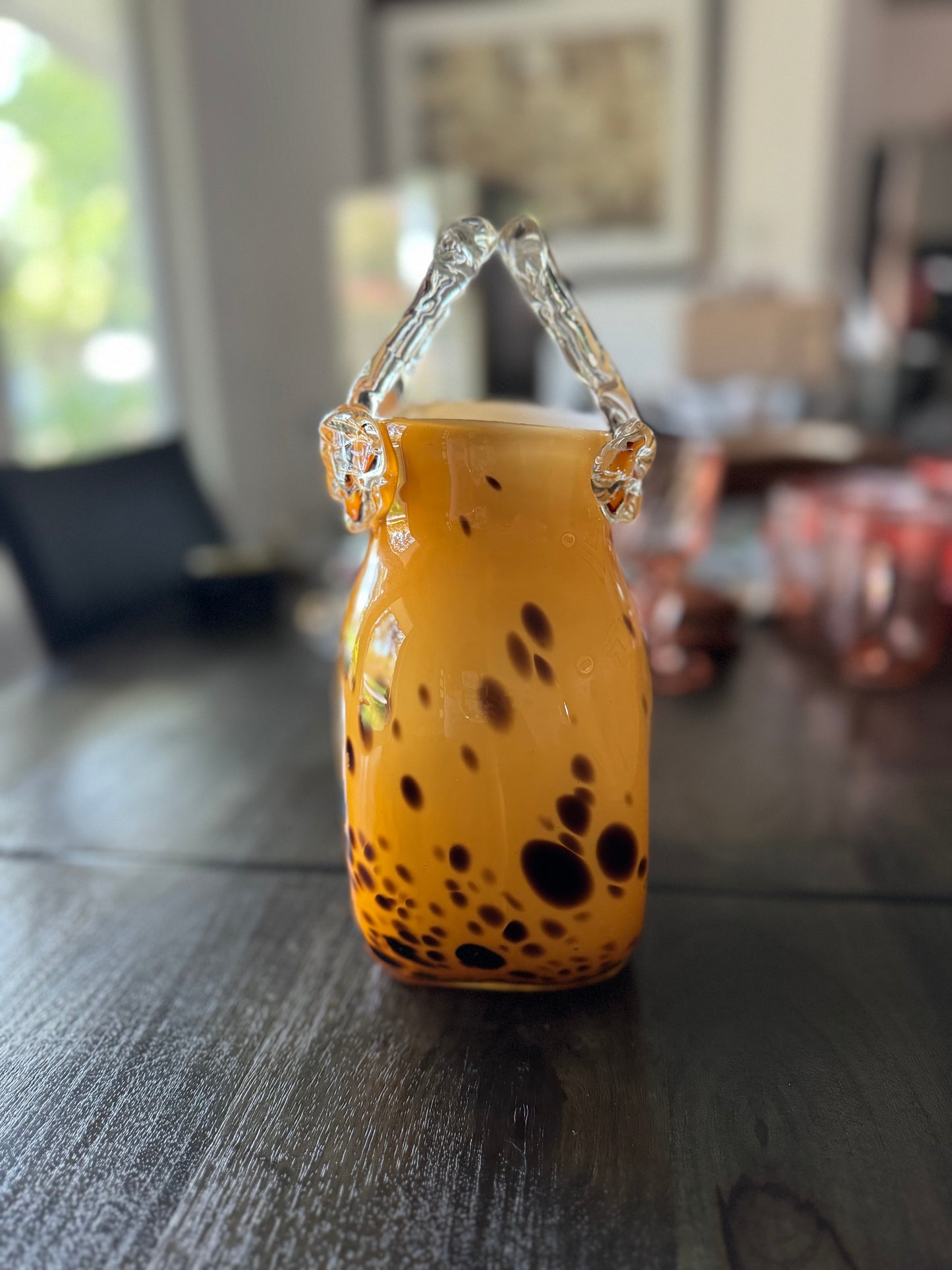 Vintage Hand-Blown Tortoiseshell Design Art Glass Purse Vase