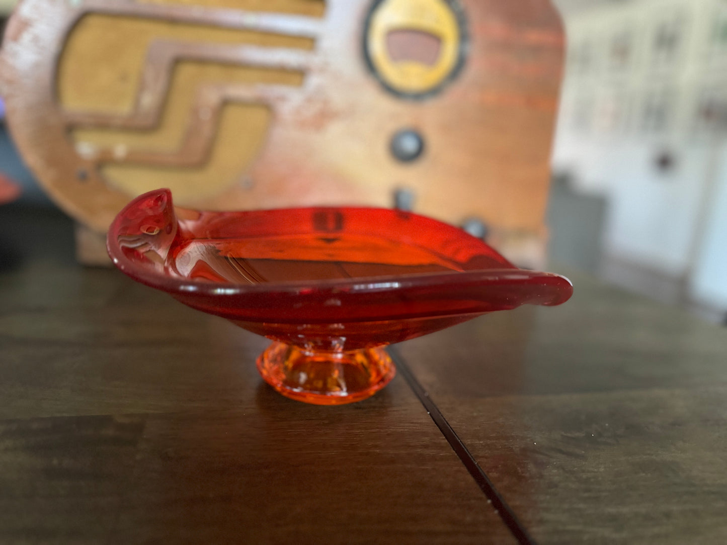Vintage Viking Glass Persimmon Orange Epic Heart/Leaf Pedestal Bowl