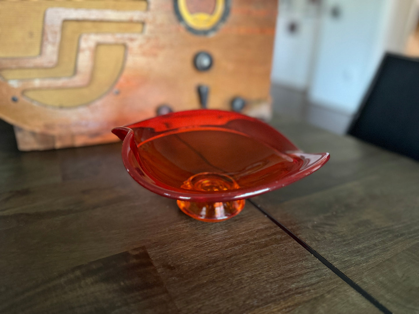 Vintage Viking Glass Persimmon Orange Epic Heart/Leaf Pedestal Bowl