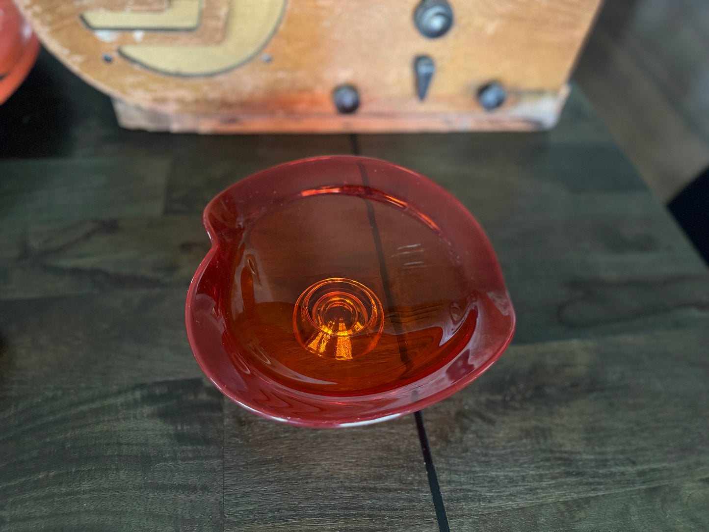 Vintage Viking Glass Persimmon Orange Epic Heart/Leaf Pedestal Bowl