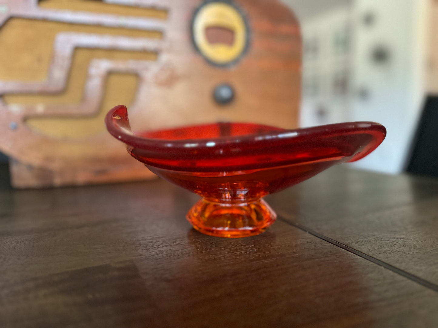 Vintage Viking Glass Persimmon Orange Epic Heart/Leaf Pedestal Bowl
