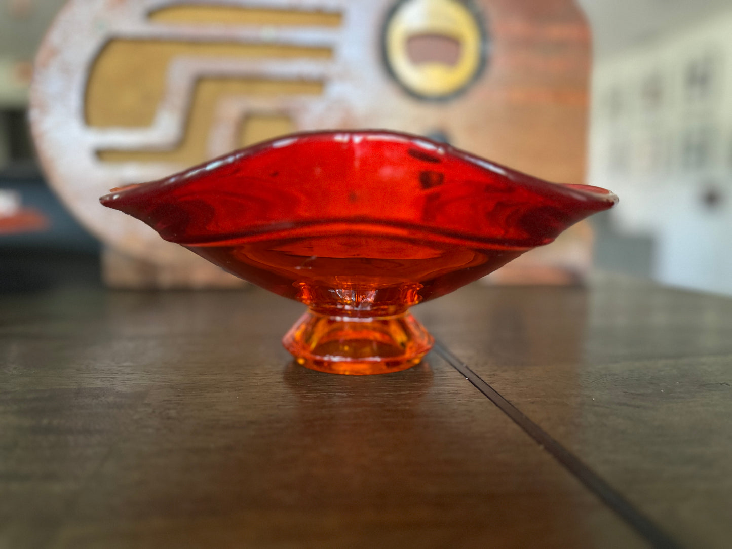 Vintage Viking Glass Persimmon Orange Epic Heart/Leaf Pedestal Bowl
