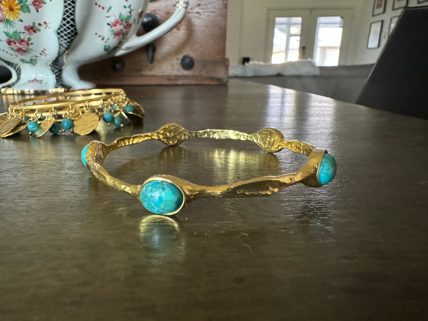 Vintage Bronzallure, B Italy, Boho Gold-Tone Dangle Coin & Turquoise Bracelet Set
