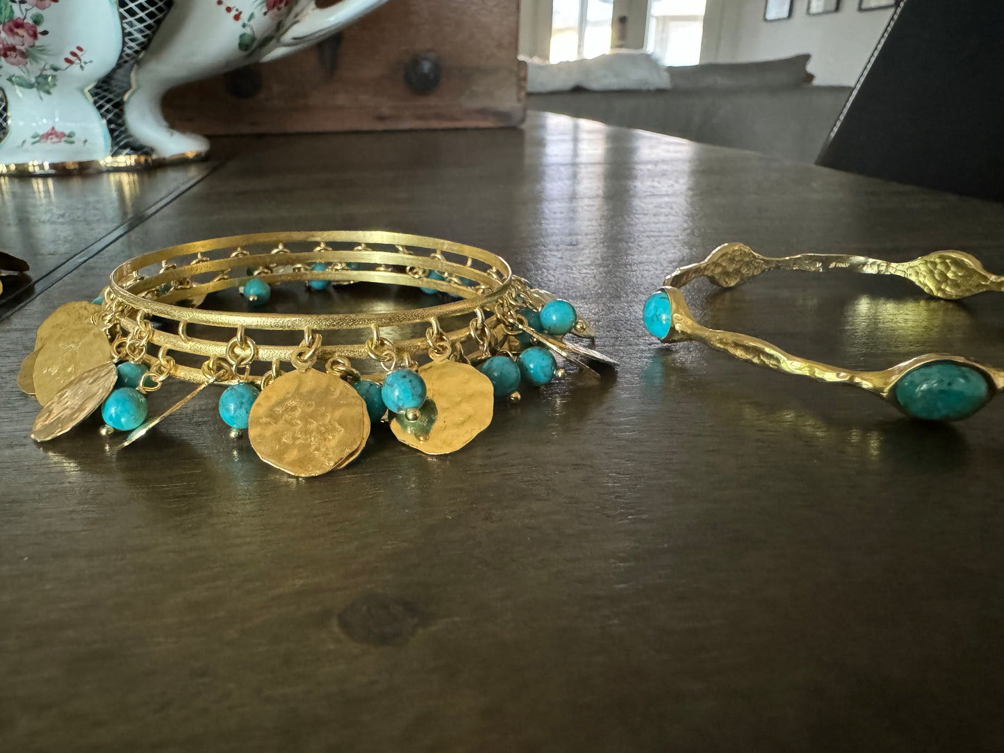 Vintage Bronzallure, B Italy, Boho Gold-Tone Dangle Coin & Turquoise Bracelet Set