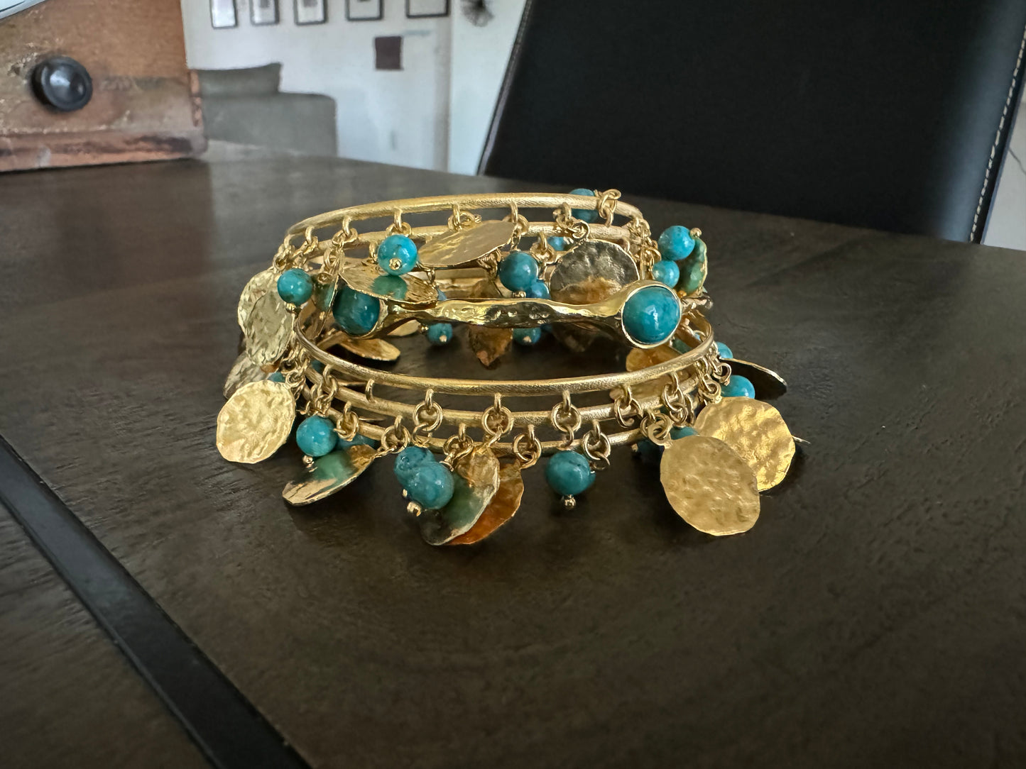 Vintage Bronzallure, B Italy, Boho Gold-Tone Dangle Coin & Turquoise Bracelet Set