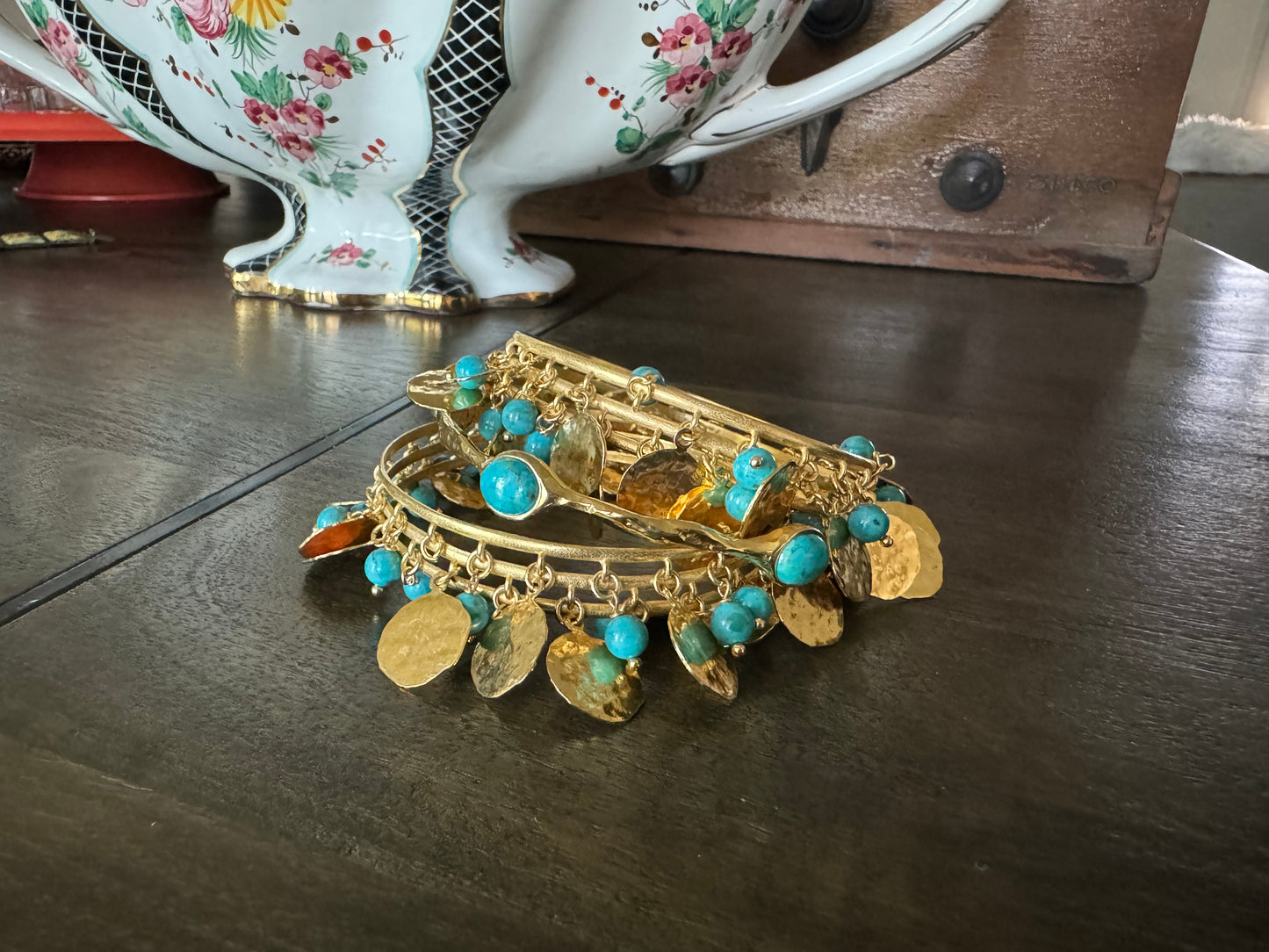 Vintage Bronzallure, B Italy, Boho Gold-Tone Dangle Coin & Turquoise Bracelet Set