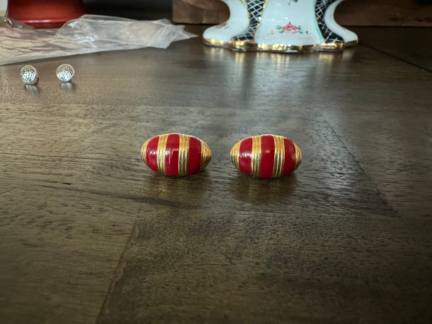 Vintage Signed Monet Ridged Gold-Toned and Red Enamel Striped Clip-On Half Hoop Earrings