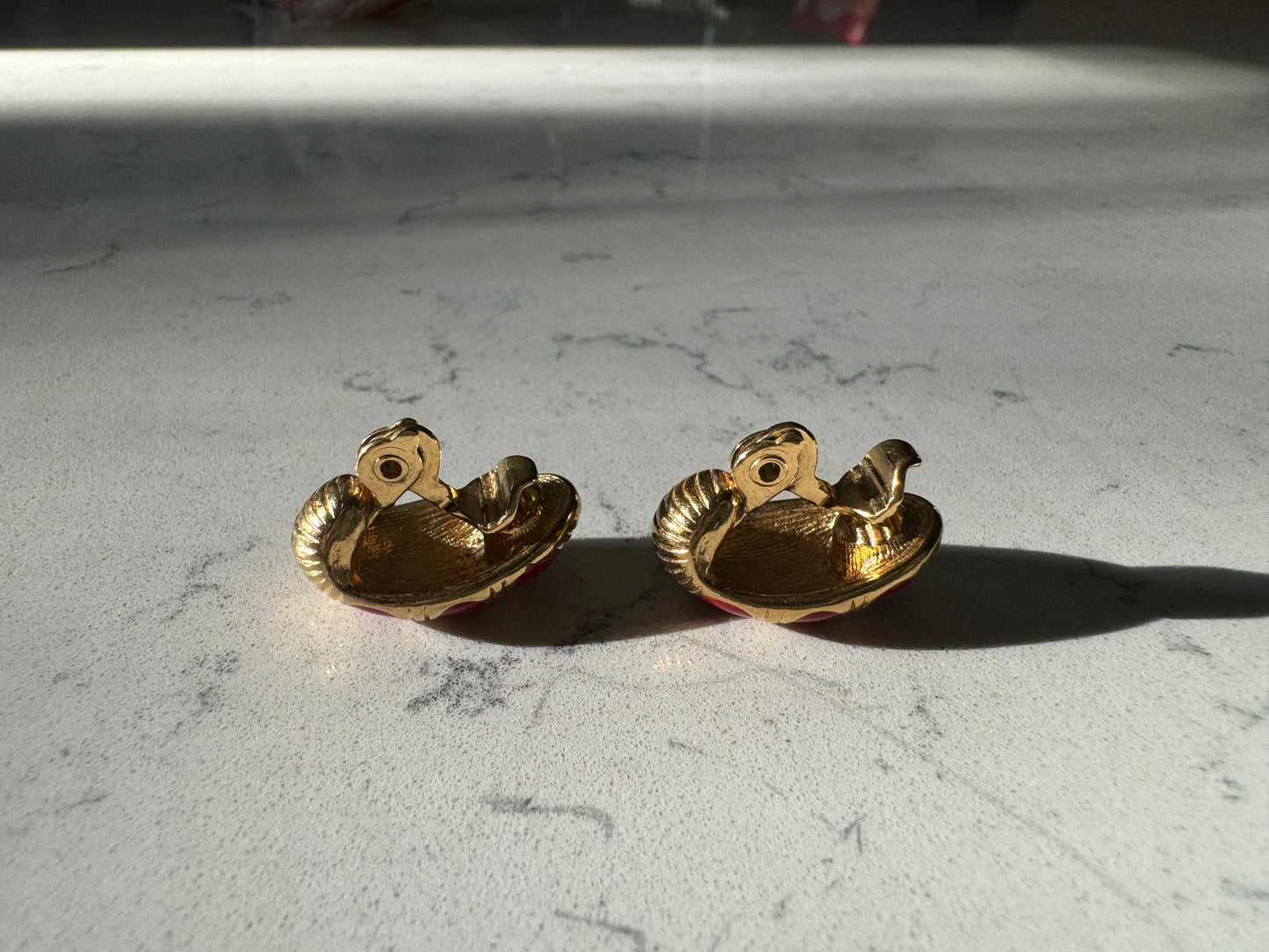 Vintage Signed Monet Ridged Gold-Toned and Red Enamel Striped Clip-On Half Hoop Earrings