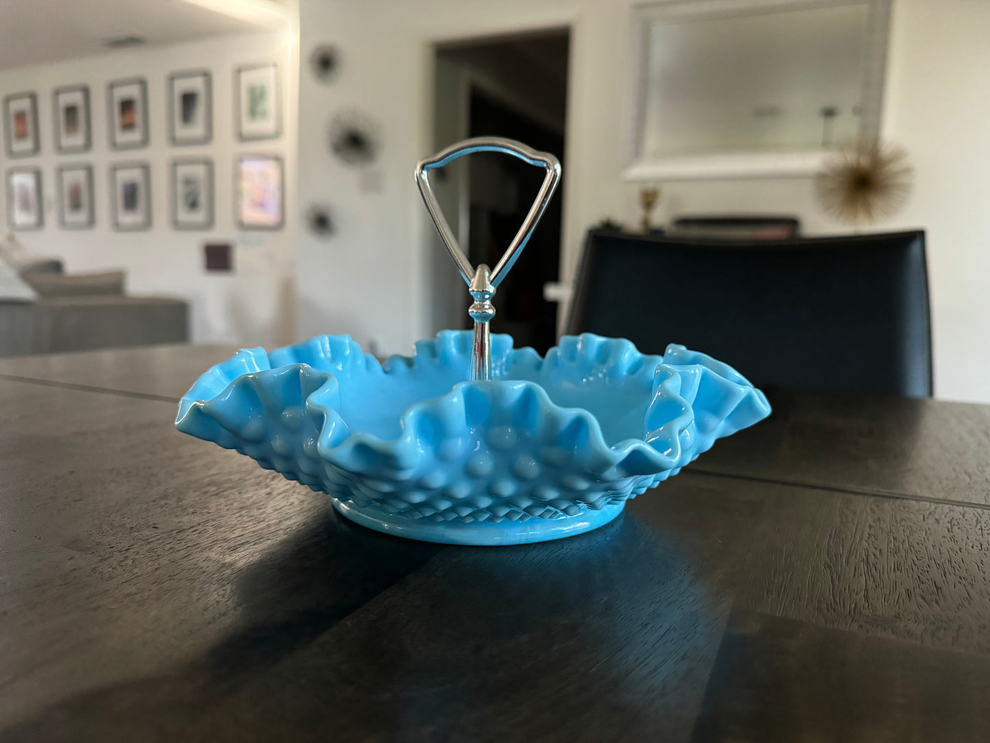 Fenton Slag Glass Hobnail Blue Ruffled Tidbit Tray Candy Dish with Handle 406B