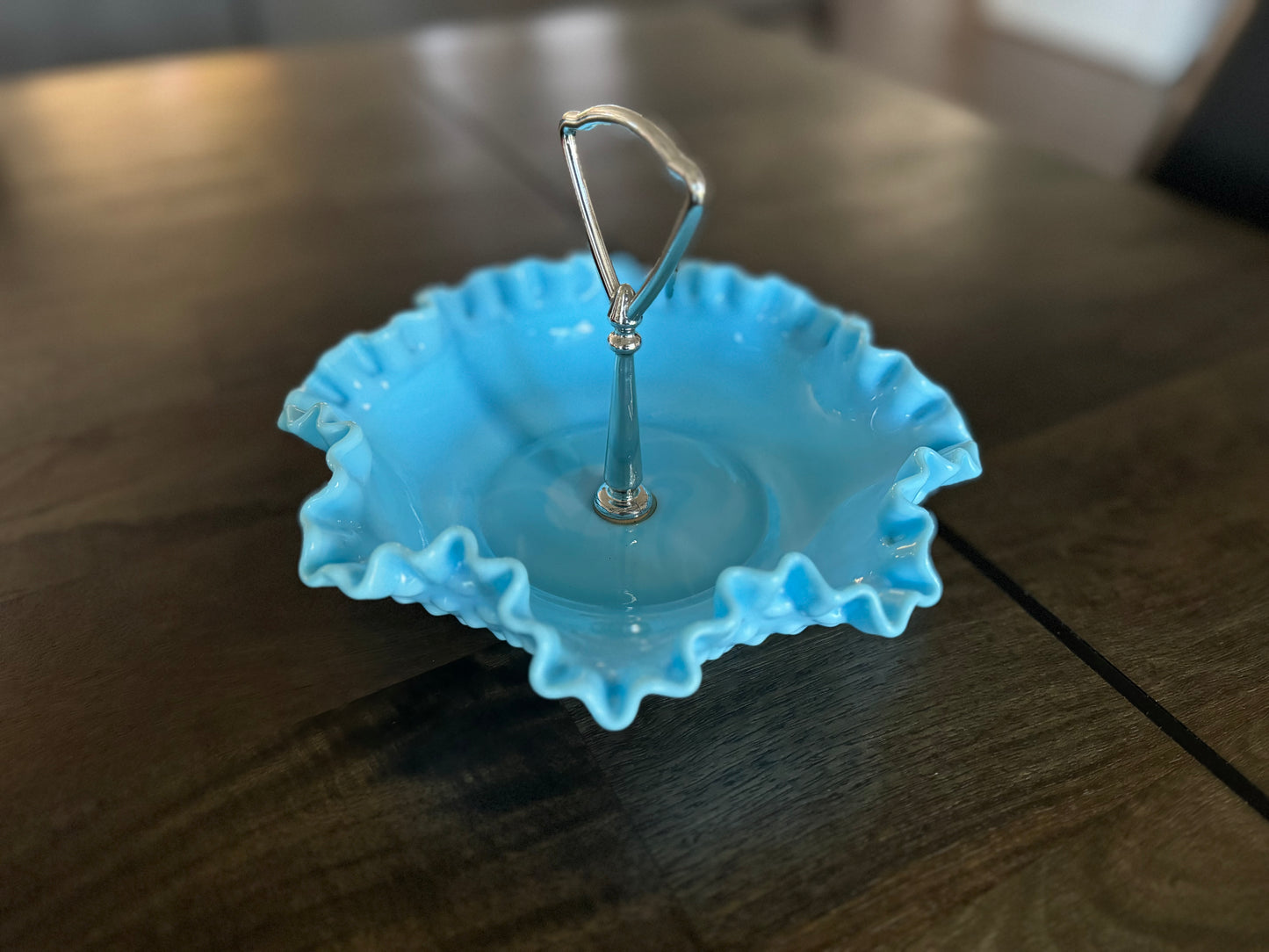 Fenton Slag Glass Hobnail Blue Ruffled Tidbit Tray Candy Dish with Handle 406B