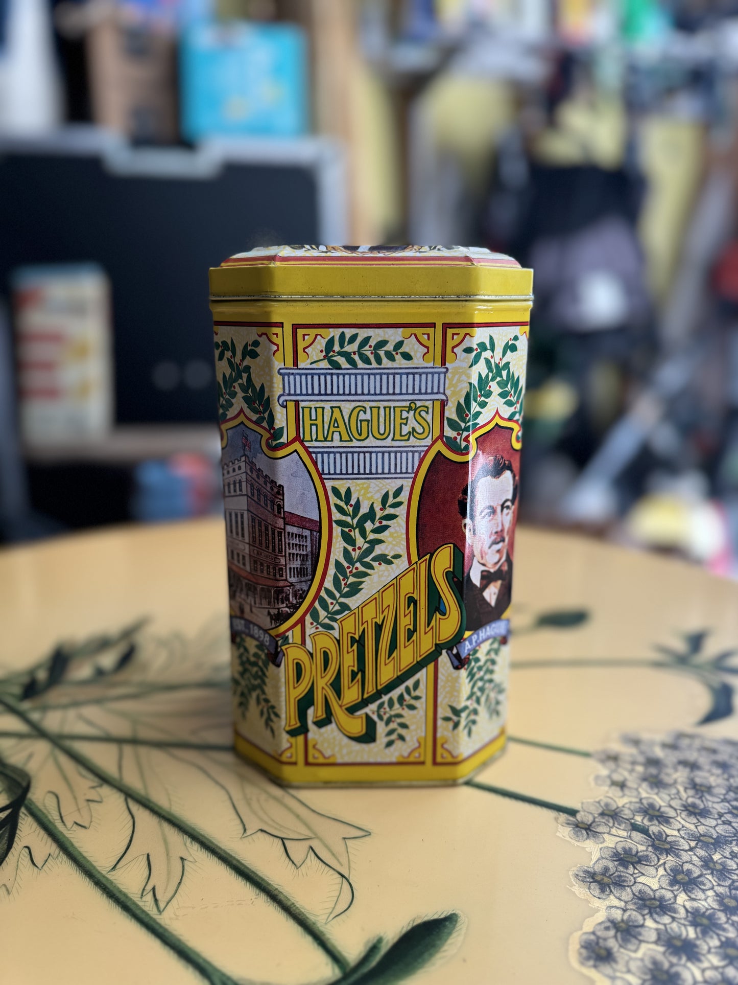 Hague's Pretzel Metal Tin with Attached Lid