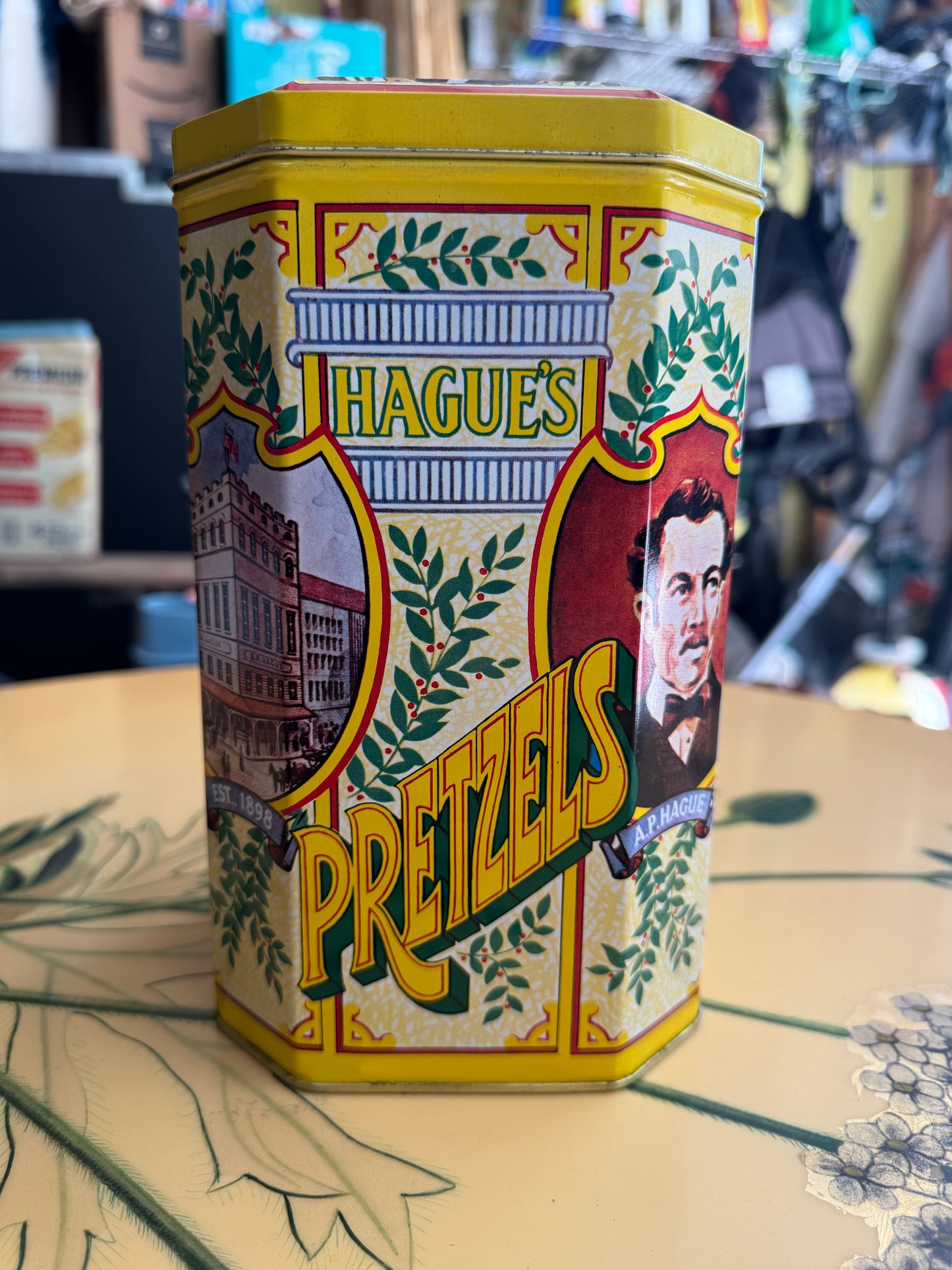 Hague's Pretzel Metal Tin with Attached Lid