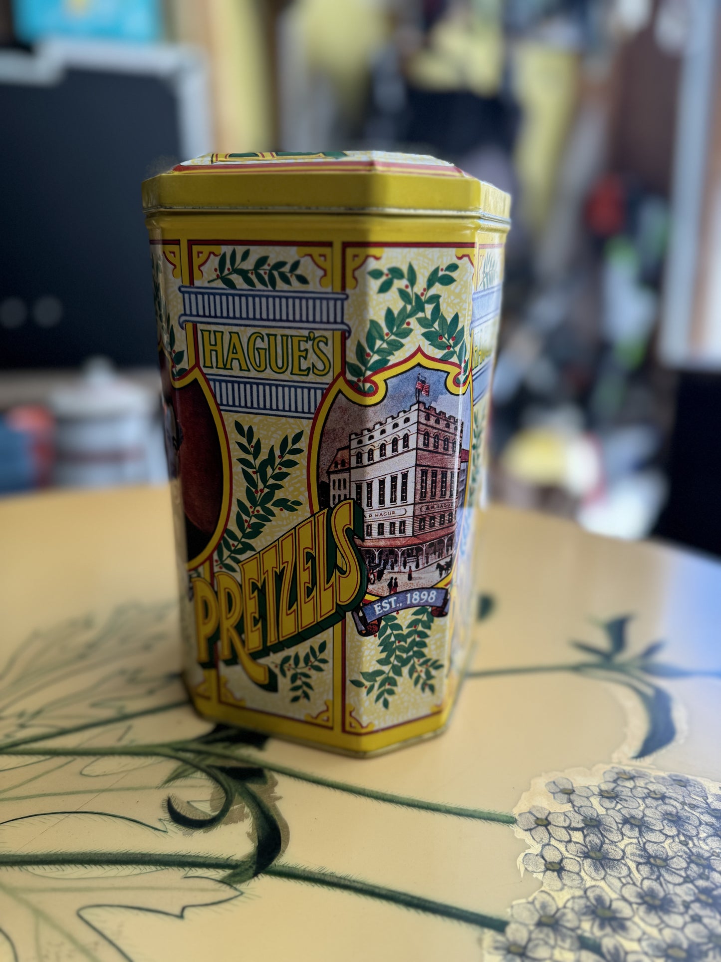 Hague's Pretzel Metal Tin with Attached Lid