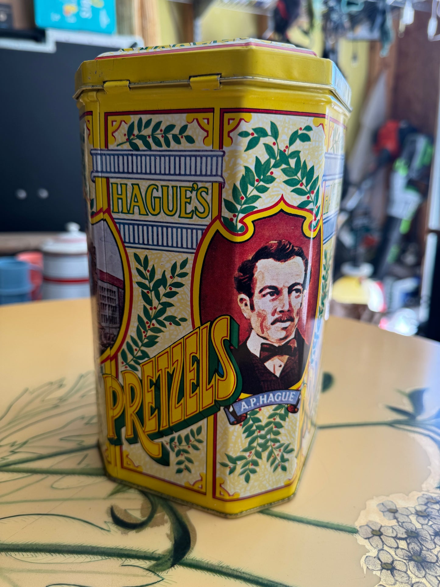 Hague's Pretzel Metal Tin with Attached Lid
