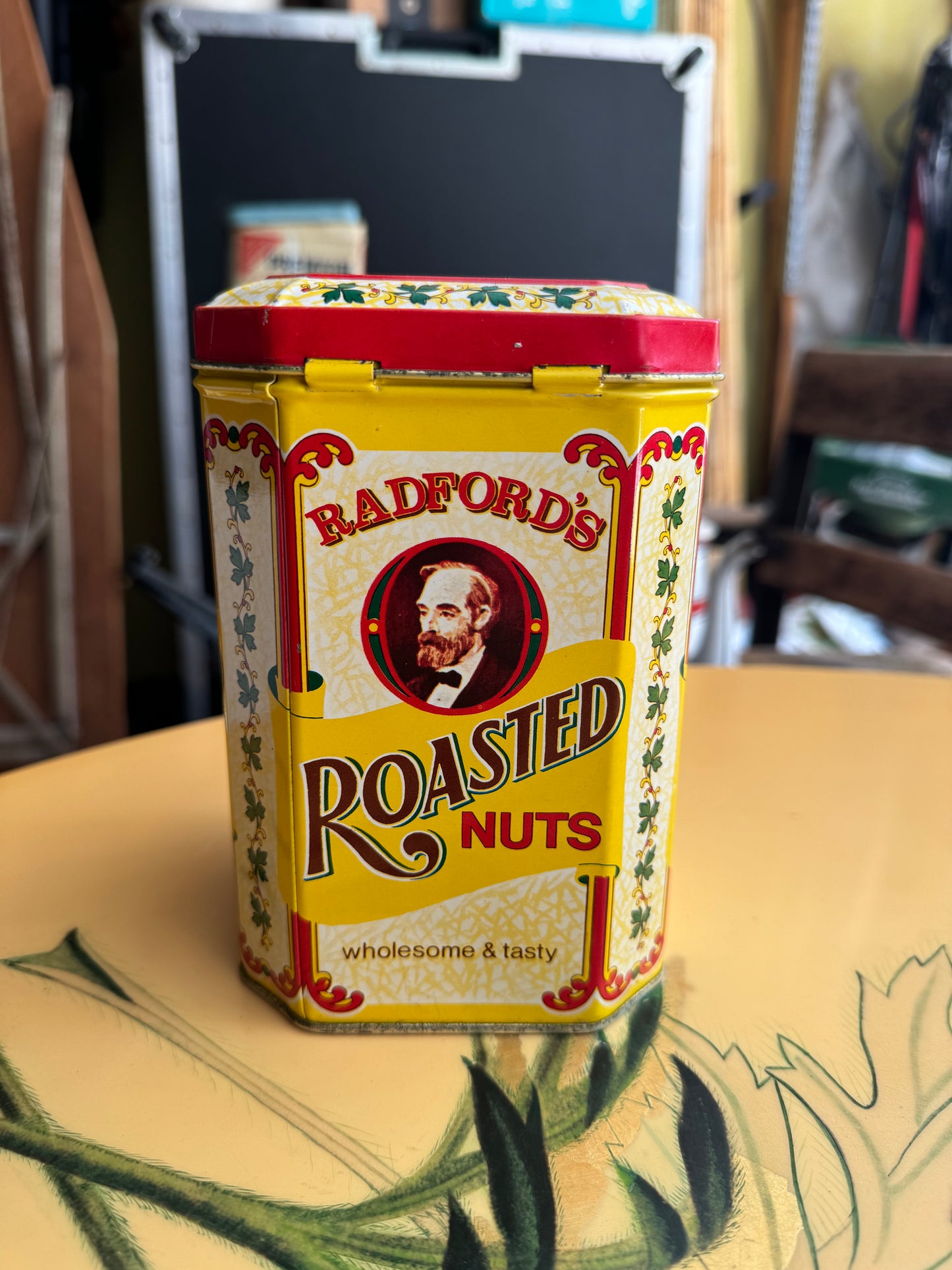 Radford's Roasted Nuts Metal Tin with Lid Attached
