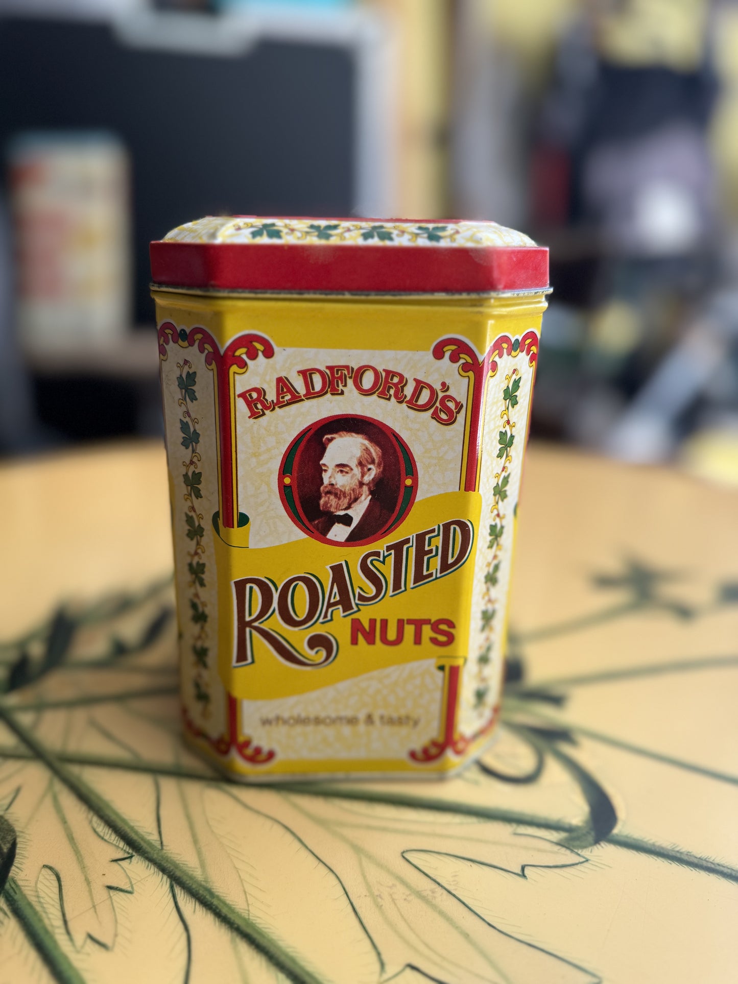 Radford's Roasted Nuts Metal Tin with Lid Attached