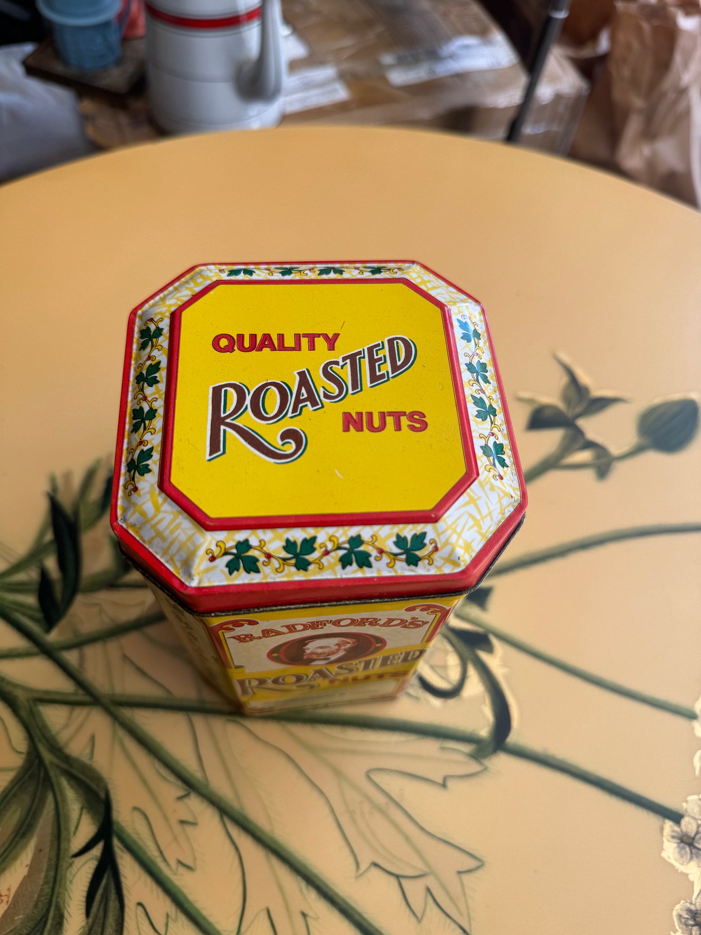 Radford's Roasted Nuts Metal Tin with Lid Attached