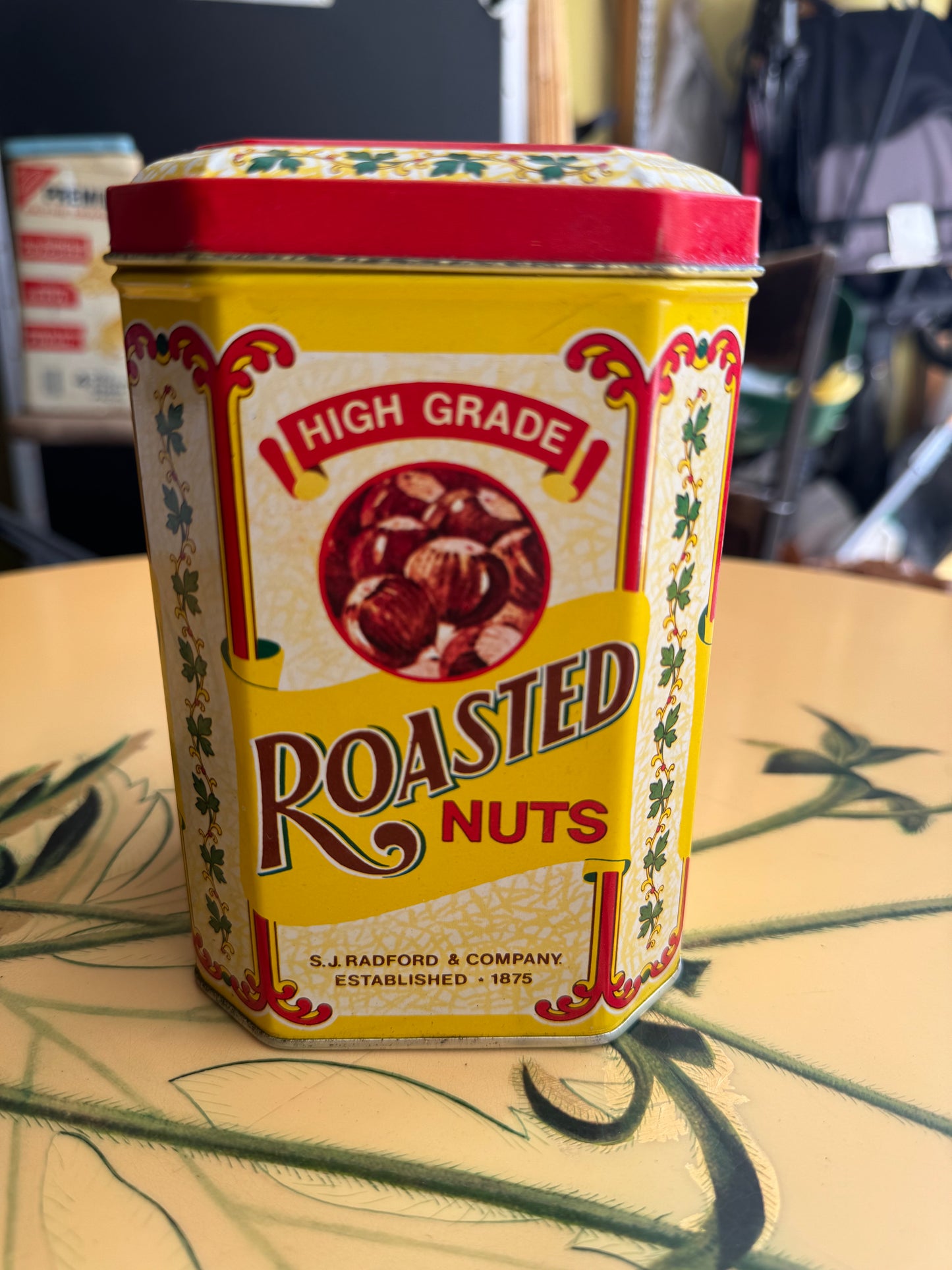 Radford's Roasted Nuts Metal Tin with Lid Attached