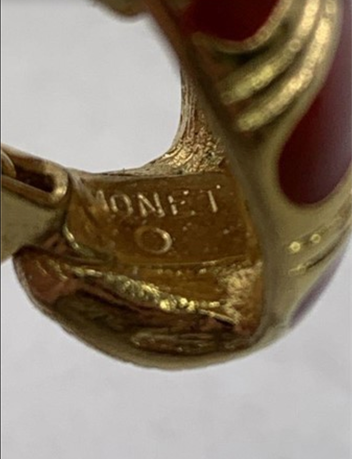 Vintage Signed Monet Ridged Gold-Toned and Red Enamel Striped Clip-On Half Hoop Earrings