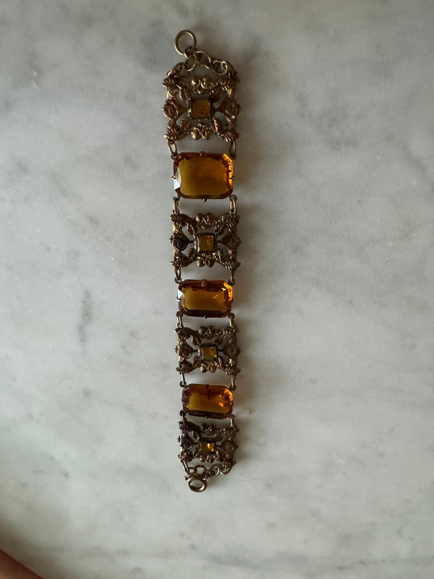 Antique Art Deco Amber Glass Fancy Link Bracelet