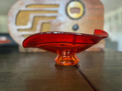 Vintage Viking Glass Persimmon Orange Epic Heart/Leaf Pedestal Bowl